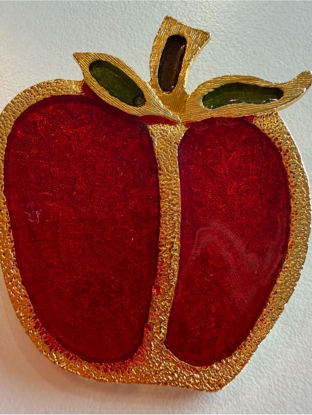 apple enameled resin filled metallic brooch pin red green teacher jewelry